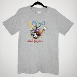 Vintage Y2K Walt Disney World 2000 Embroidered Tee Mickey Goofy Donald Gray M